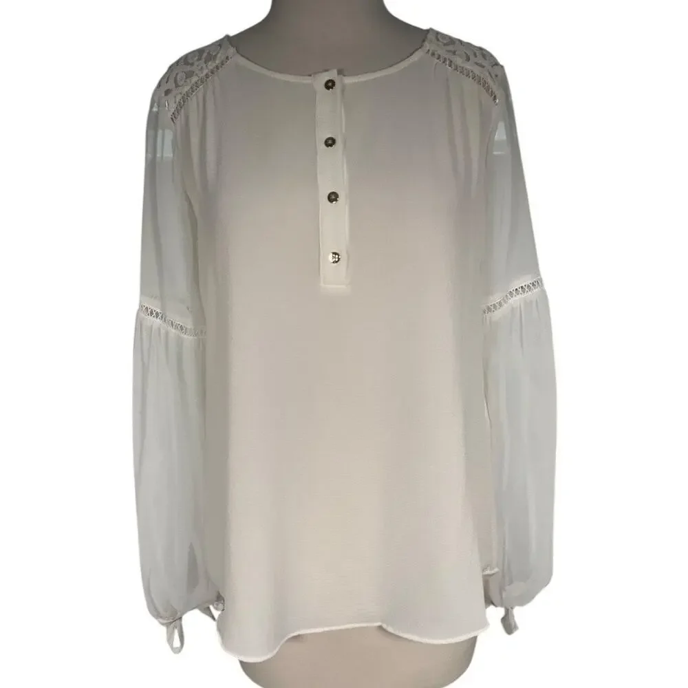 White House Black Market Size 8 White Lace Sheer Sleeves Pheasant Blouse Button - Picture 12 of 12
